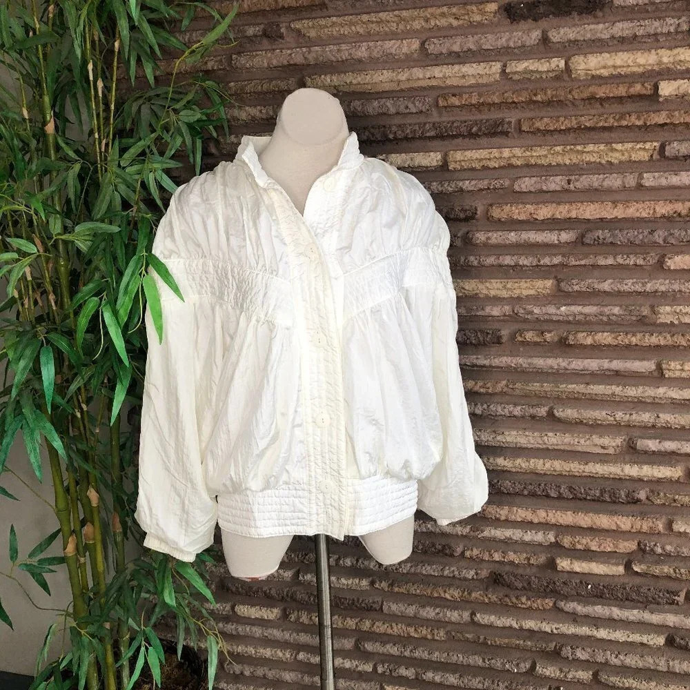 Abraxas White Vintage 80s Ruched Gathered Bomber Track Jacket